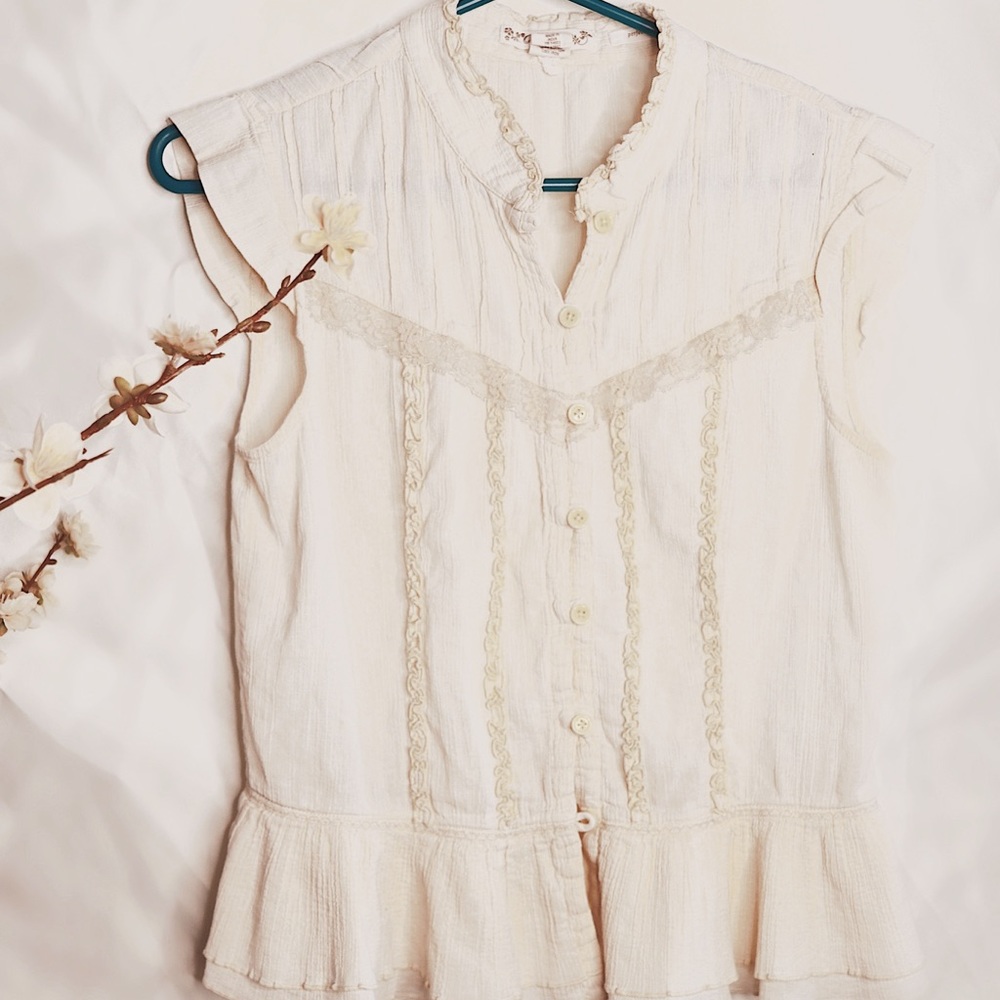 Off white button up lace detail blouse